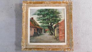 An oil on board in carved frame, farmyard scene, indistinctly signed. 54x54cm