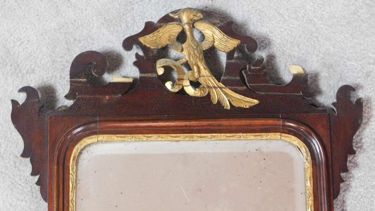 A Georgian mahogany fret carved mirror with carved gilt cresting and satinwood inlaid conch shell - Image 3 of 6