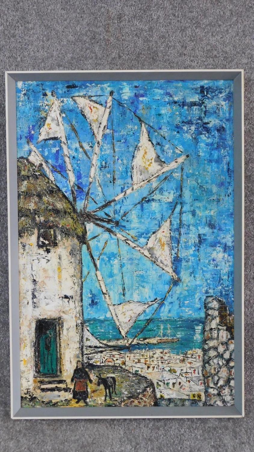 Oil on Board by Jason Frangoulis of Greek windmill. Framed and signed. 67x45cm