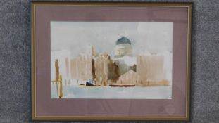 A watercolour of the London skyline attributed to Edward Wesson. Framed. 65x48cm