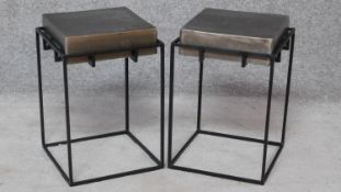 A pair of industrial style metal top and framed occasional tables. H.49 W.33 D.33cm