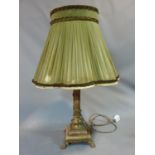 An Empire style antique alabaster and bronze lamp with green pleated silk shade. Central alabaster