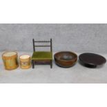 A 19th century bamboo style low stool with makers label, a treen bowl, a lazy susan and two toy