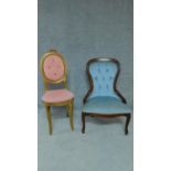 A gilt framed French style salon chair and a buttoned back nursing chair. H.99cm (tallest)