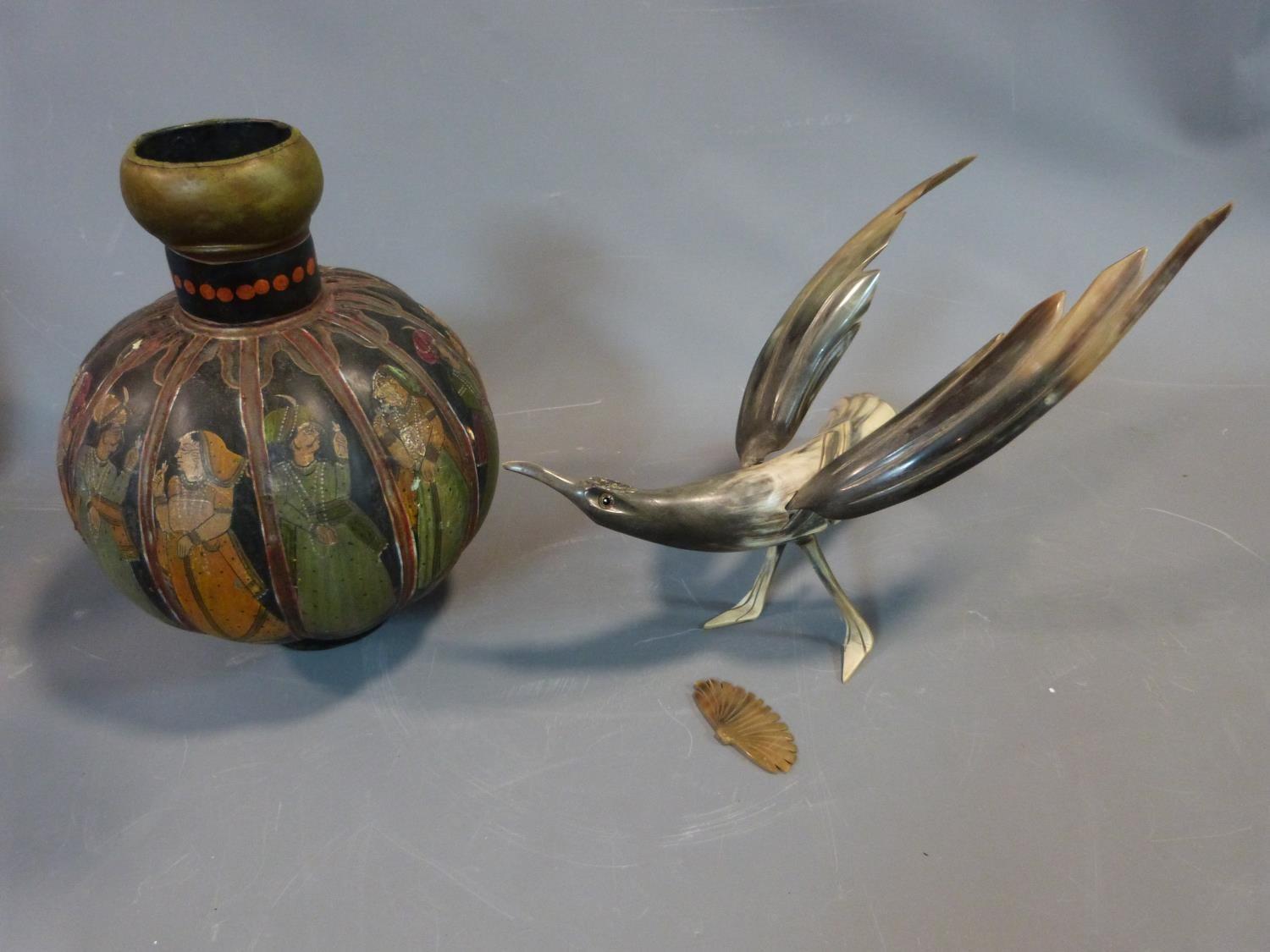 A painted Indian vase and carved horn bird. Horn Bird stamped Depose, made in France. Vase painted