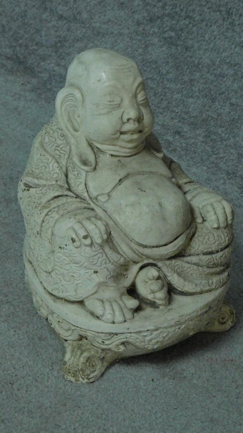 A painted concrete birdbath and seated buddah. Birdbath with three cherubs holding an urn. H.54 ( - Image 3 of 7