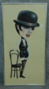 A framed print of a caricature of Liza Minnelli in Chicago. Signed Julyan BO. 59x36cm