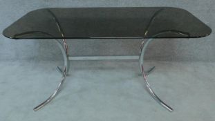 A mid 20th century chrome framed dining table with smoked grey plate glass top. H.74 W.153 D.83cm