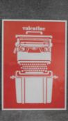 A framed and glazed design poster, vintage Valentine typewriter by Olivetti. 86x62cm