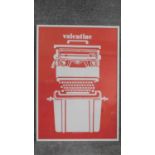 A framed and glazed design poster, vintage Valentine typewriter by Olivetti. 86x62cm