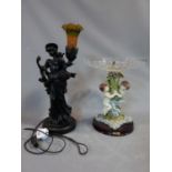 An Art Nouveau style resin figure lamp and a moulded Meissen style comport. Tallest 53 cm.