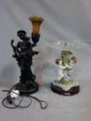 An Art Nouveau style resin figure lamp and a moulded Meissen style comport. Tallest 53 cm.