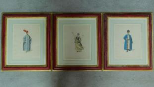 Three framed hand coloured lithographs of various traditional world costumes. W. Miller of Old