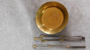 Antique brass fire irons and vintage brass bowl. W.42cm (bucket)