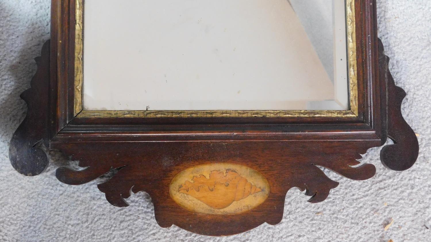 A Georgian mahogany fret carved mirror with carved gilt cresting and satinwood inlaid conch shell - Image 2 of 6