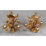 A pair of gilt metal four light ceiling chandeliers with wheatsheaf decoration. H.42cm