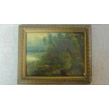 A 19th century gilt framed oil on panel, deer and foxes. 29x23.5cm
