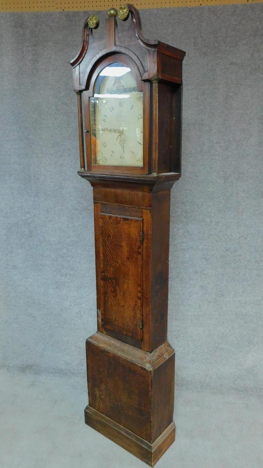 A 19th century oak cased longcase clock with painted arched dial. H.215cm - Image 2 of 10