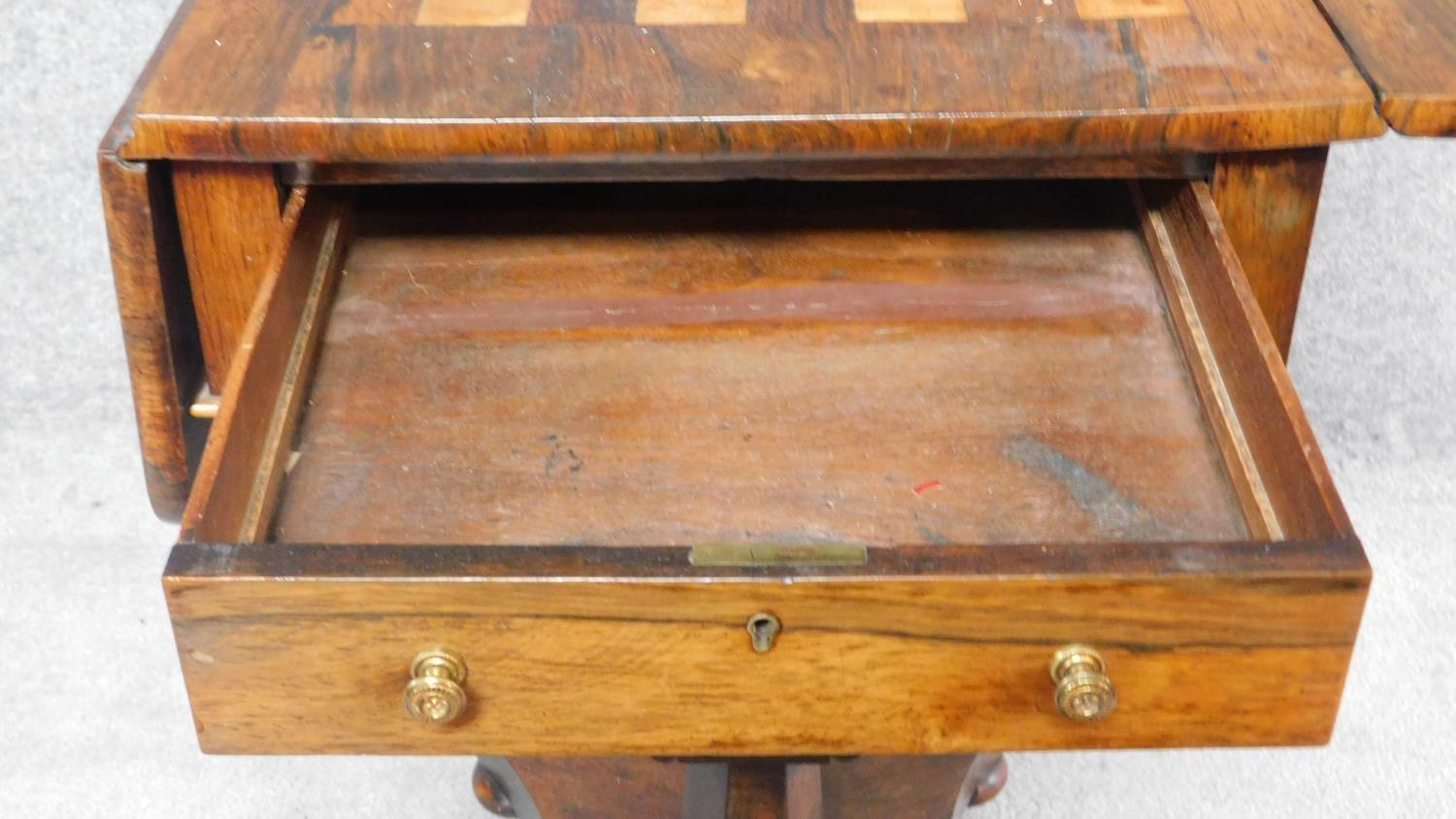 An early Victorian rosewood drop flap sewing table with pull out basket, frieze drawer and chequer - Image 4 of 6