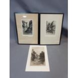 Three signed etchings by Henry Walter Sweet, two framed. Various views of Exeter and Devon.