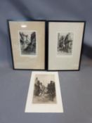 Three signed etchings by Henry Walter Sweet, two framed. Various views of Exeter and Devon.