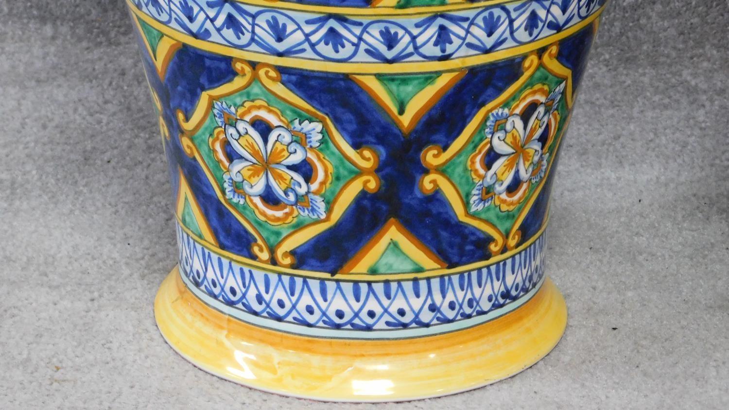 Two large Italian majolica vases with colourful hand painted abstract design. Inscribed on the - Image 5 of 8
