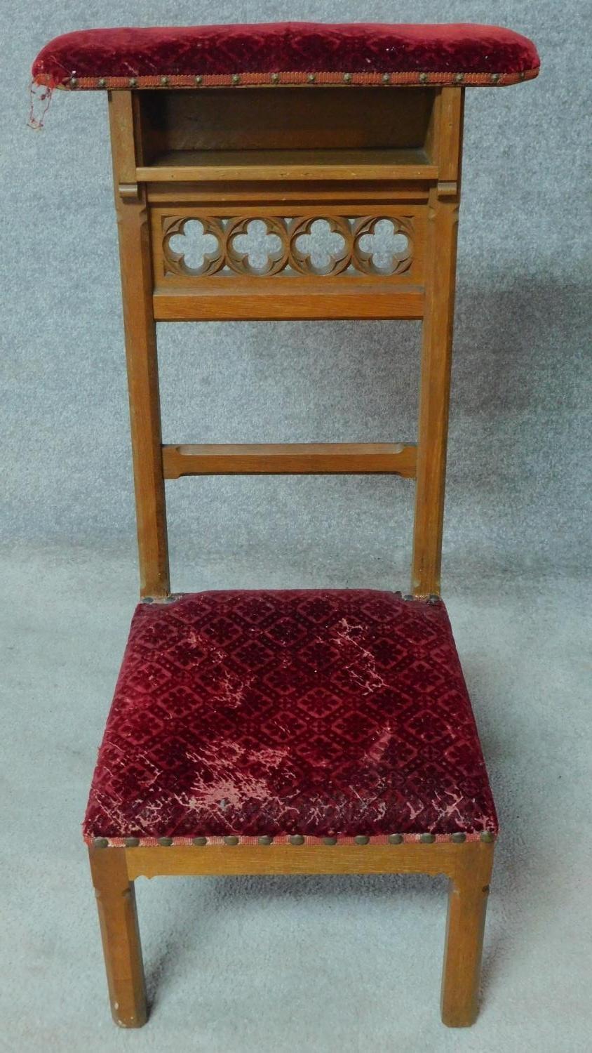 Three late 19th century Gothic style oak prie dieu chairs in burgundy velour upholstery. H.95cm - Image 5 of 5