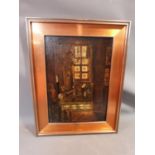 A framed oil on board, interior scene, grand dining hall, indistinctly signed. 57x55