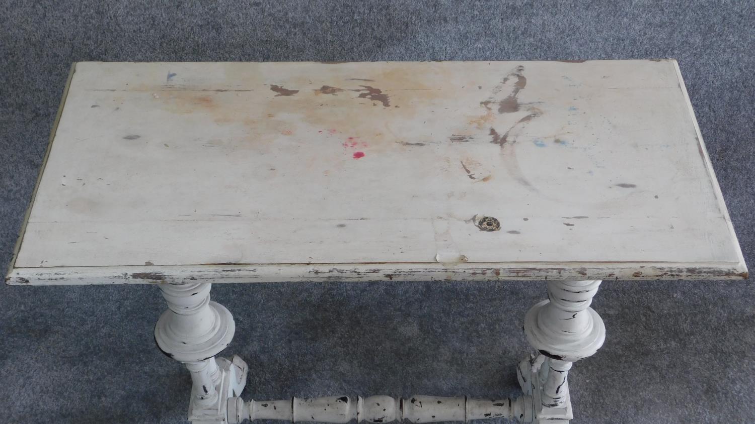 A 19th century distressed painted centre table on turned stretchered supports. H.70 W.86 D.42cm - Image 6 of 7