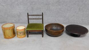 A 19th century bamboo style low stool with makers label, a treen bowl, a lazy susan and two toy