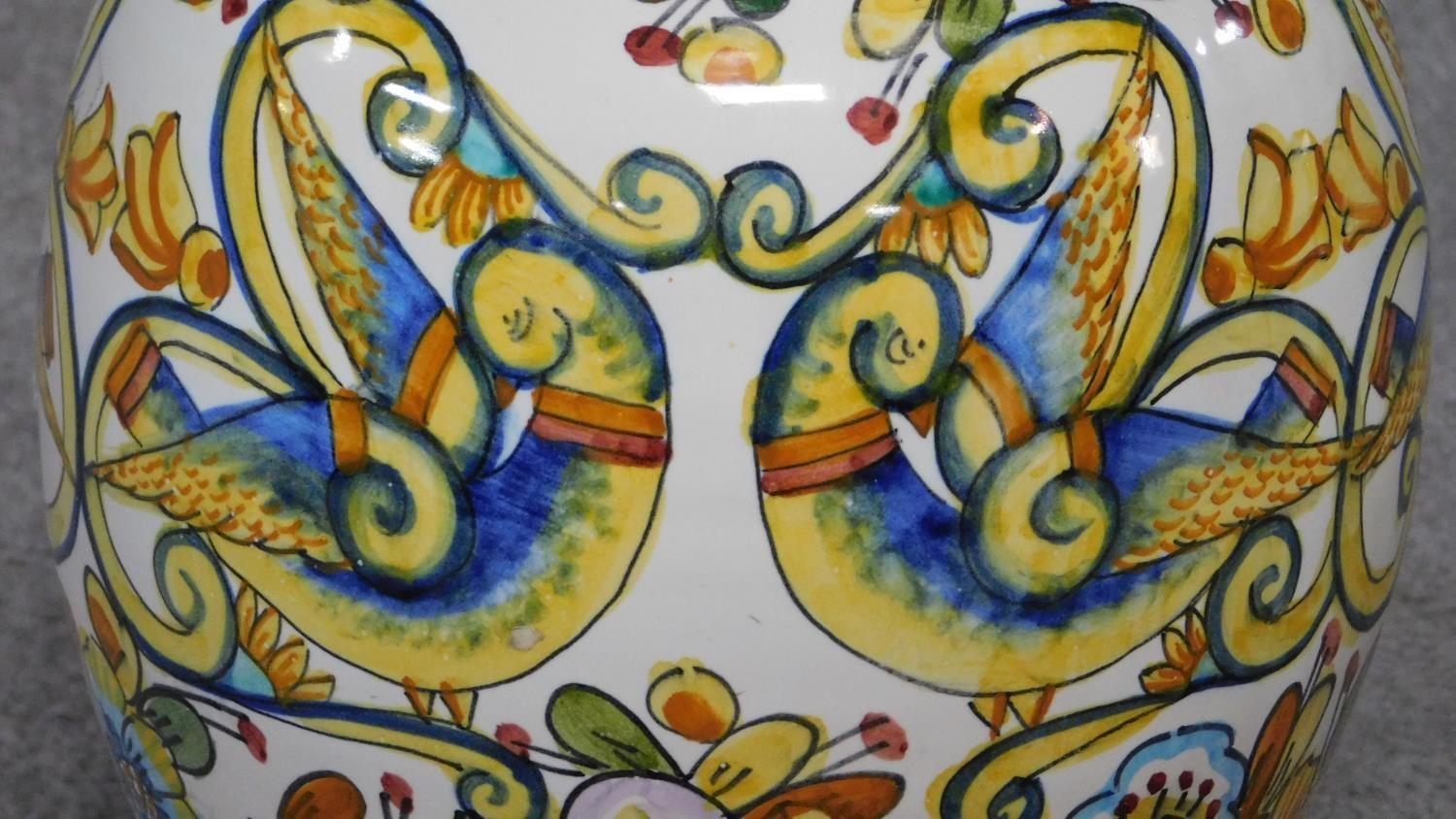 Three Italian majolica vases with colourful handpainted abstract designs. Inscribed to base. H. - Image 14 of 16