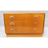 A mid 20th century teak three drawer chest by G-Plan, label to drawer. H.54 W.81 D.46cm
