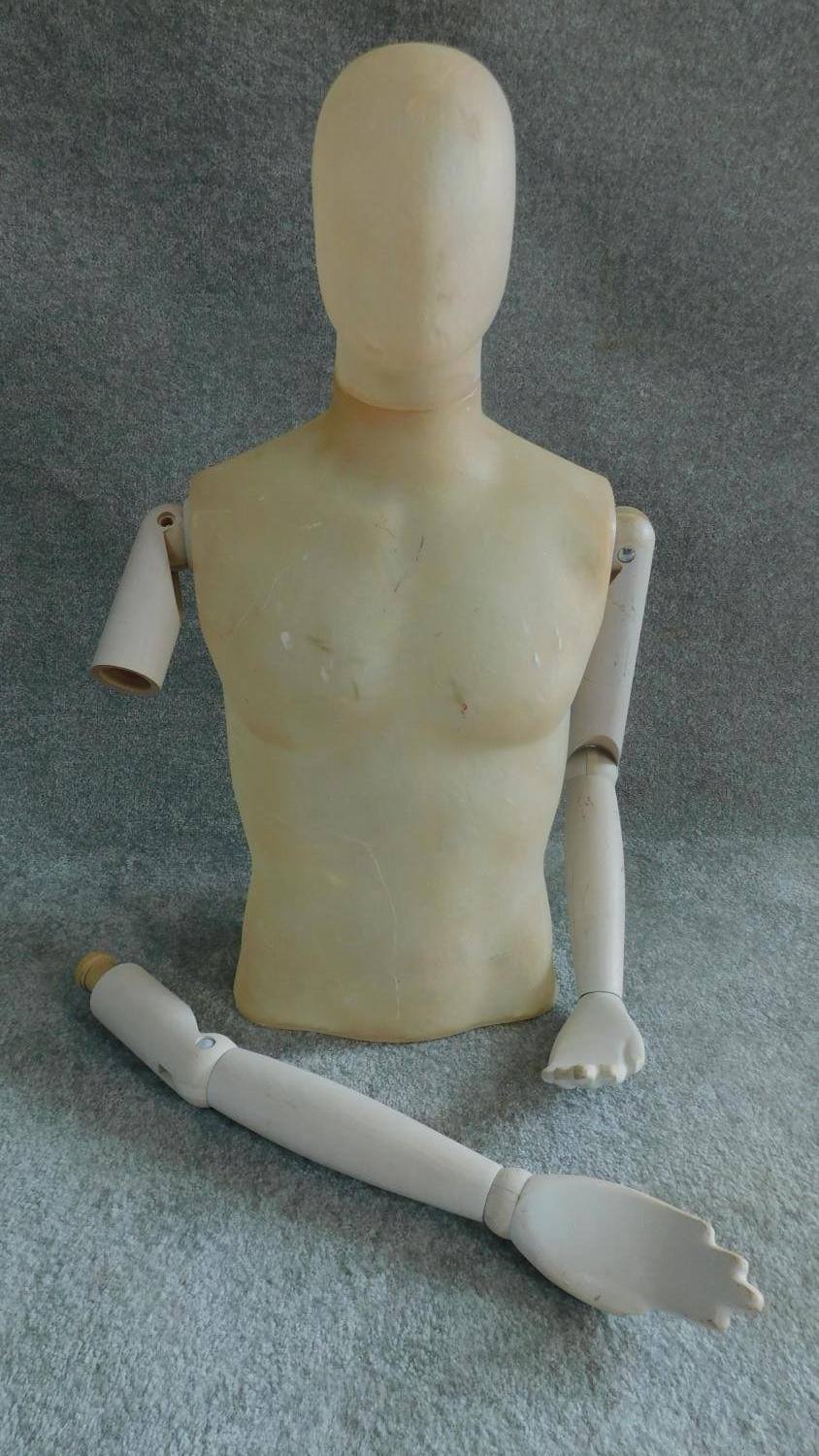 A moulded male mannequin, head and torso with articulated arms. H.80cm - Image 2 of 3