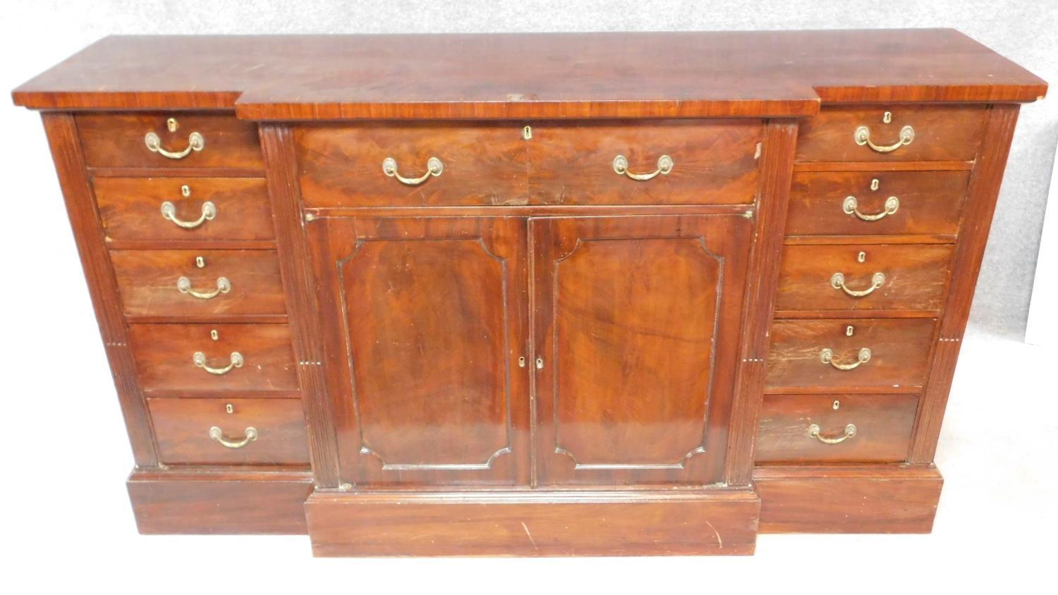 A late 19th century Georgian style breakfront sideboard with rosewood crossbanded top fitted central - Image 4 of 6