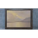 A framed oil on board, lakescape, signed Desmond Turner, gallery label verso. 81x60cm