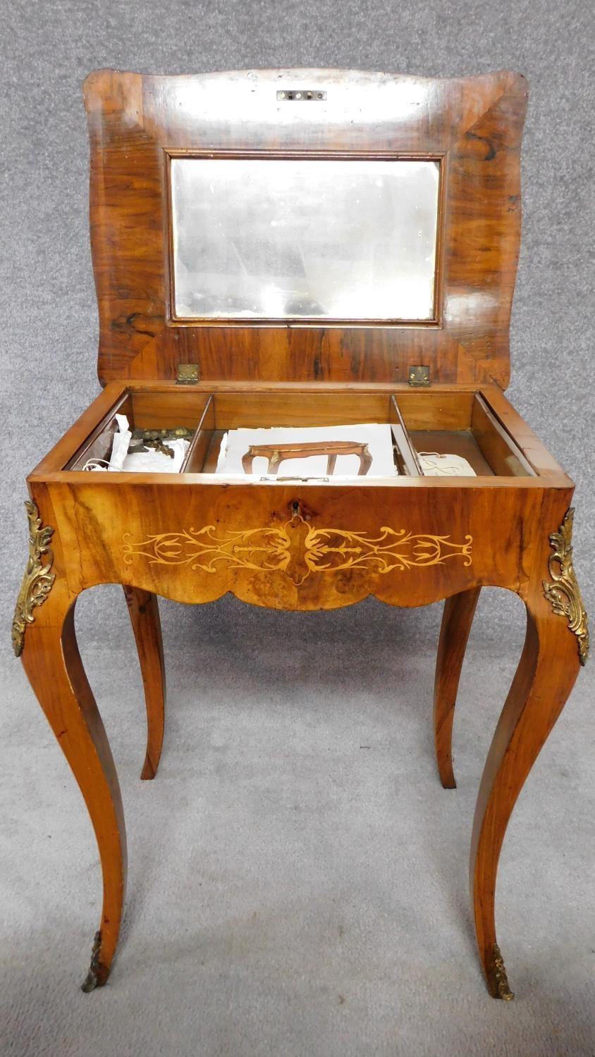 A Victorian burr walnut work table with vanity mirror to fitted interior with allover Arabesque - Image 2 of 9