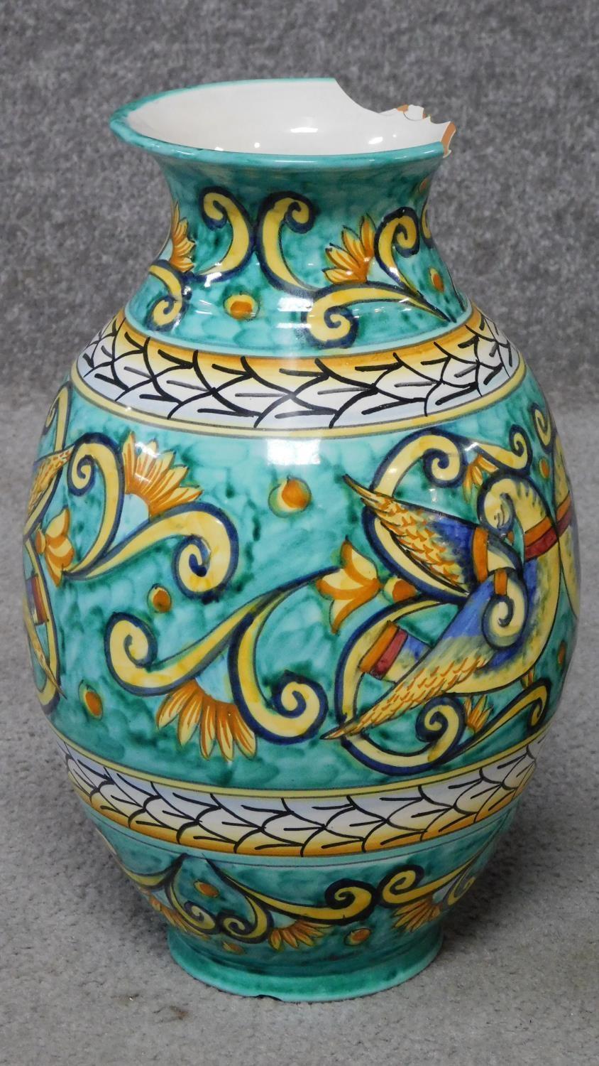 Three Italian majolica vases with colourful handpainted abstract designs. Inscribed to base. H. - Image 7 of 16