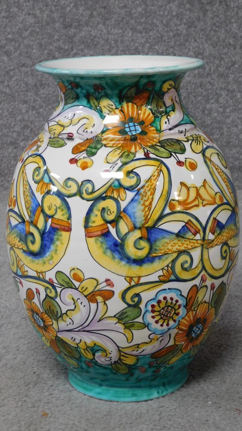 Three Italian majolica vases with colourful handpainted abstract designs. Inscribed to base. H. - Image 12 of 16
