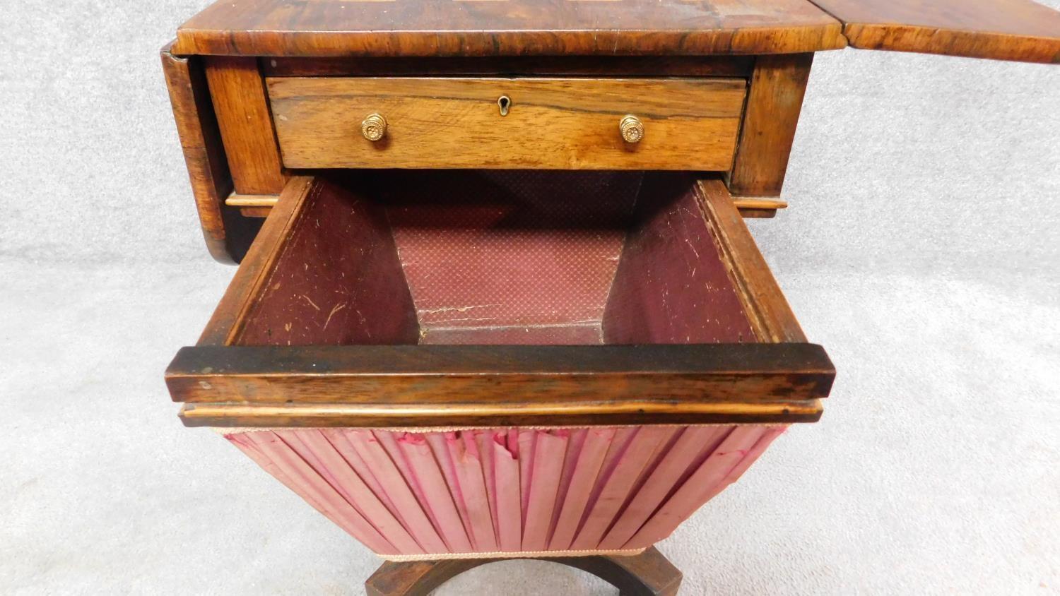An early Victorian rosewood drop flap sewing table with pull out basket, frieze drawer and chequer - Image 5 of 6