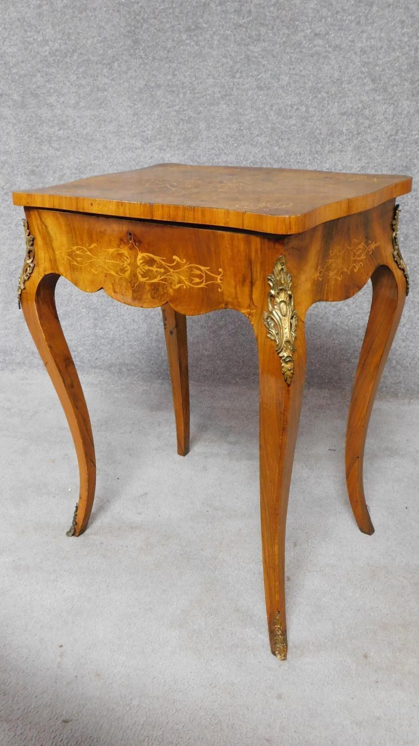 A Victorian burr walnut work table with vanity mirror to fitted interior with allover Arabesque - Image 9 of 9