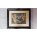 A framed antique lithograph of Jesus and his disciples. Label verso. 69x57cm