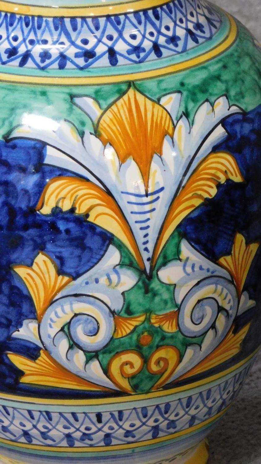 Three Italian majolica vases with colourful handpainted abstract designs. Inscribed to base. H. - Image 4 of 16