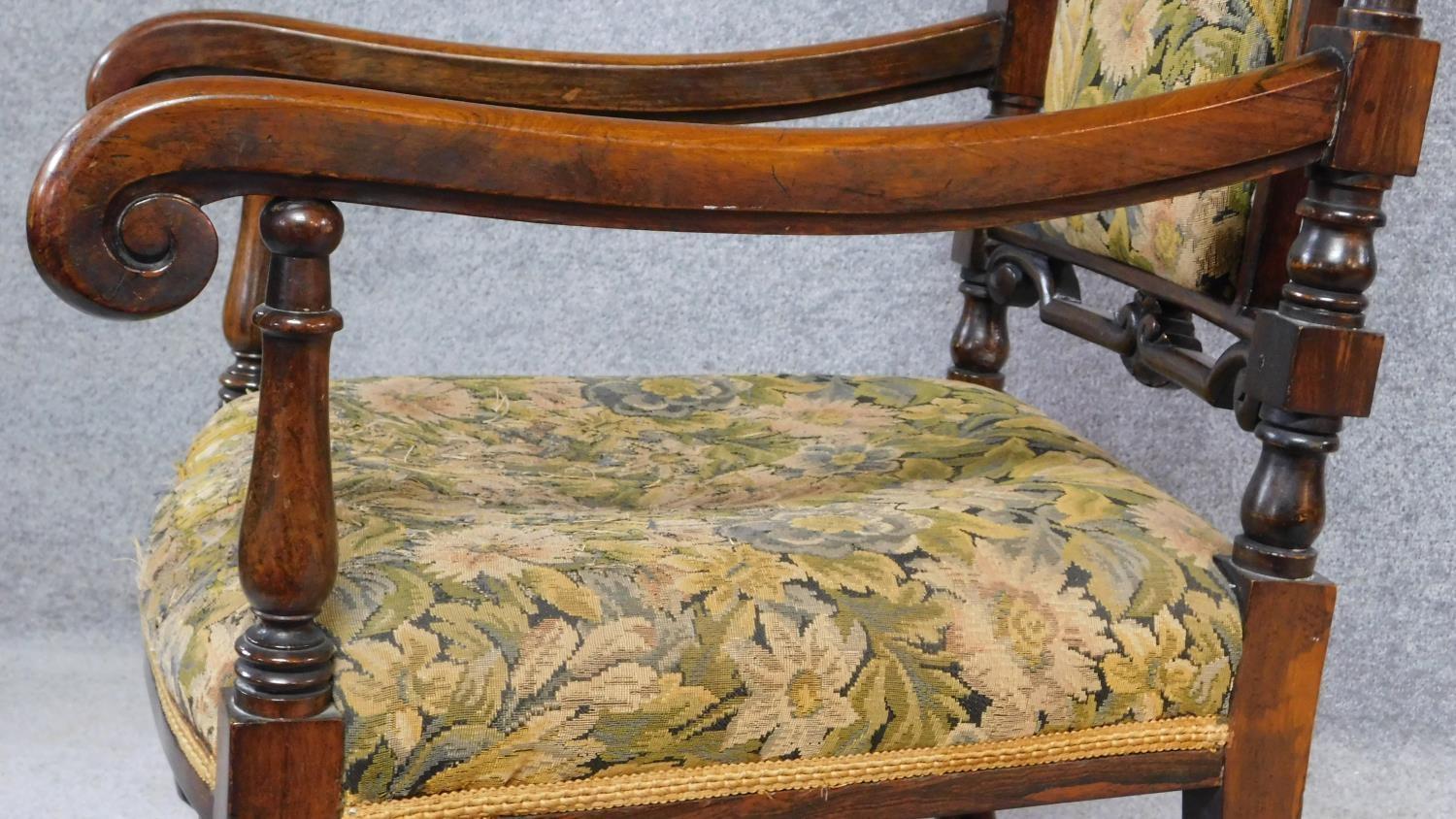 A Victorian rosewood armchair in the Carolean style in its original tapestry upholstery. H.129cm - Image 6 of 11