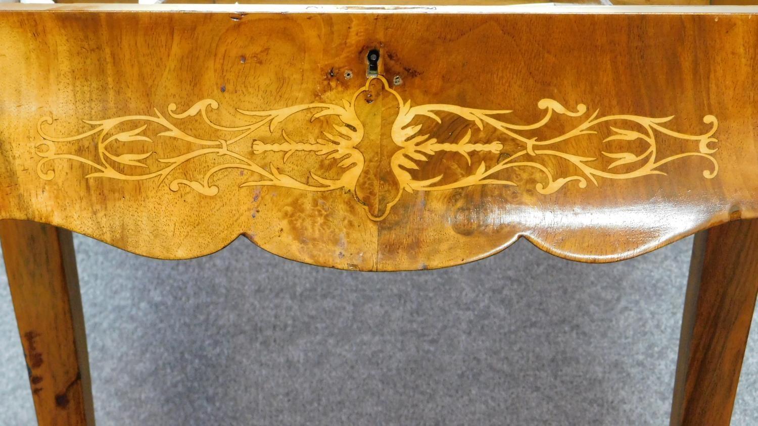 A Victorian burr walnut work table with vanity mirror to fitted interior with allover Arabesque - Image 5 of 9