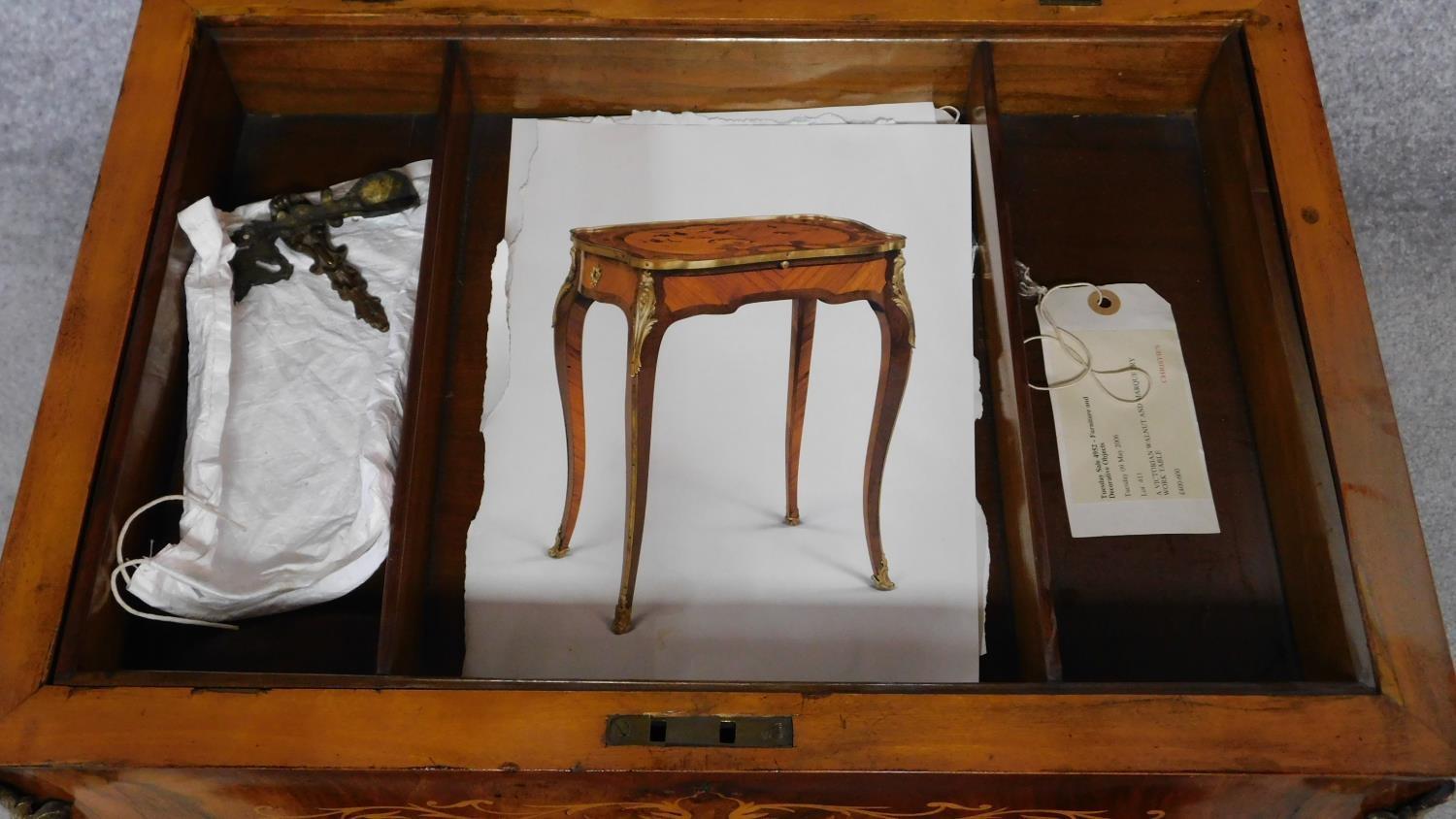 A Victorian burr walnut work table with vanity mirror to fitted interior with allover Arabesque - Image 4 of 9