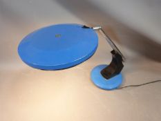 A Fase Blue desk lamp. Fase, Madrid "Falux" adjustable table Lamp, Blue metal with wooden stand,