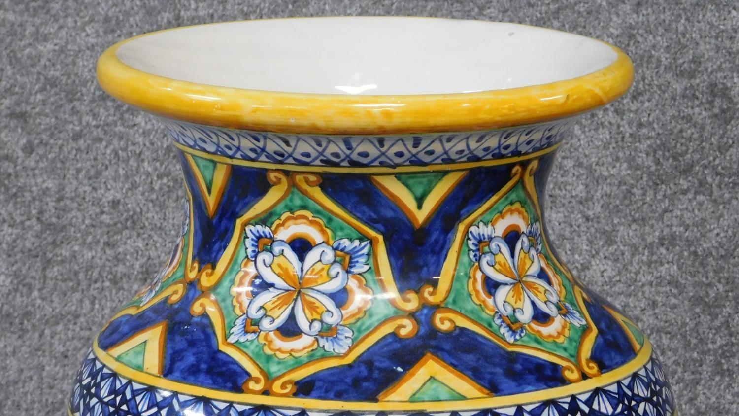 Two large Italian majolica vases with colourful hand painted abstract design. Inscribed on the - Image 3 of 8