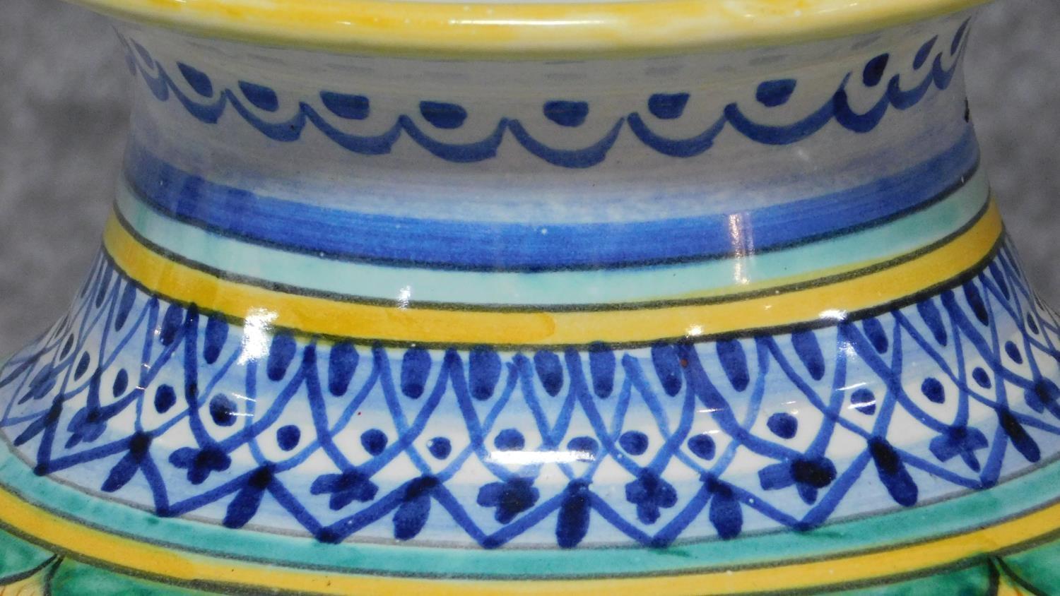 Three Italian majolica vases with colourful handpainted abstract designs. Inscribed to base. H. - Image 3 of 16