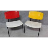 A pair of Danish metal framed chairs with laminated backs and calico seats stamped Horning to