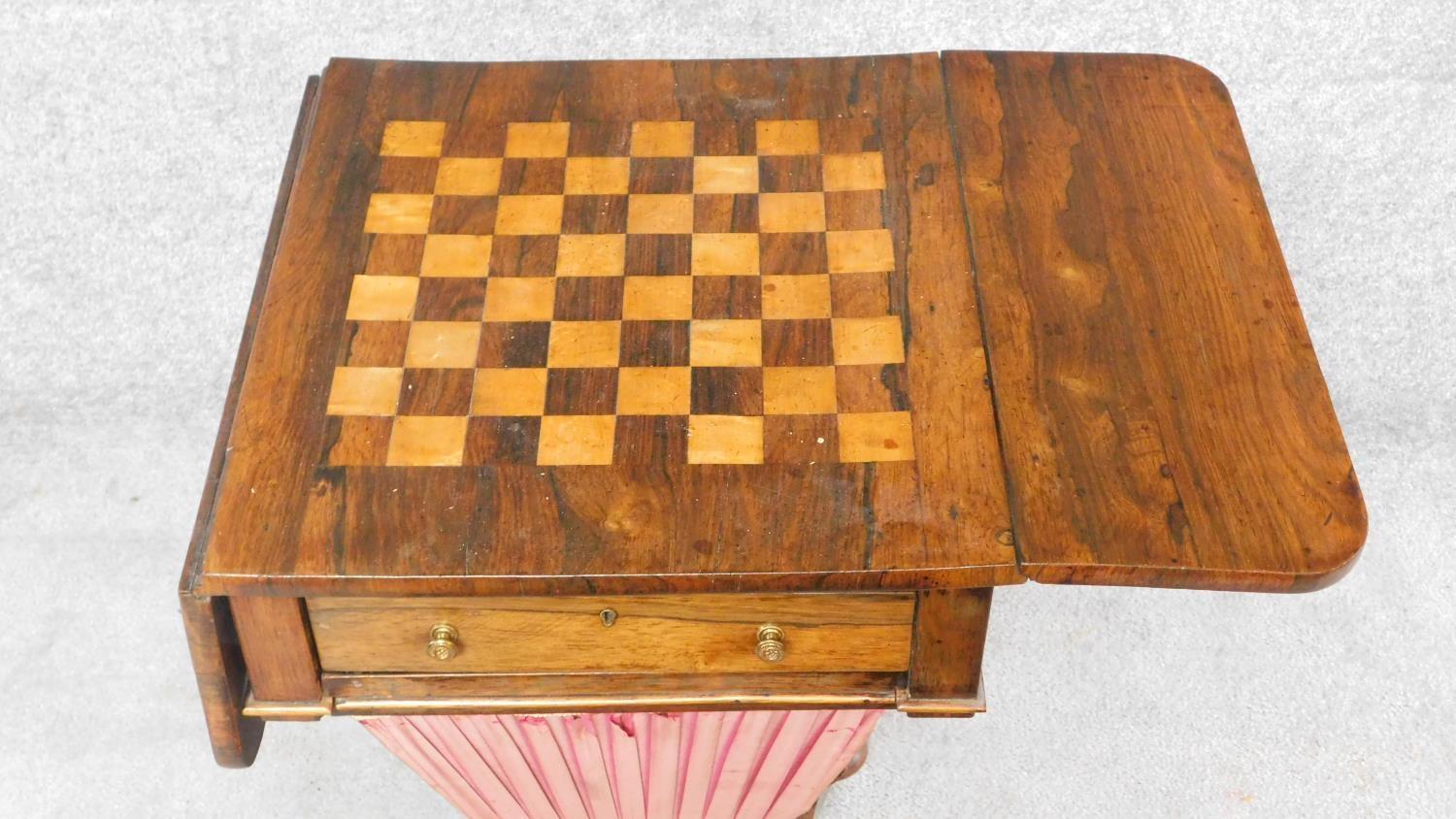 An early Victorian rosewood drop flap sewing table with pull out basket, frieze drawer and chequer - Image 3 of 6